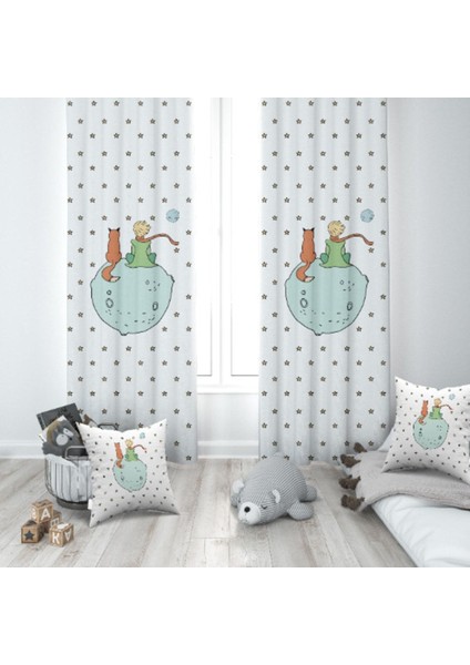 Küçük Prens ve Yıldızlar, Beyaz, Sarı, Ithal Kumaş, Çocuk ve Bebek Odası Fon Perde - 1 Kanat