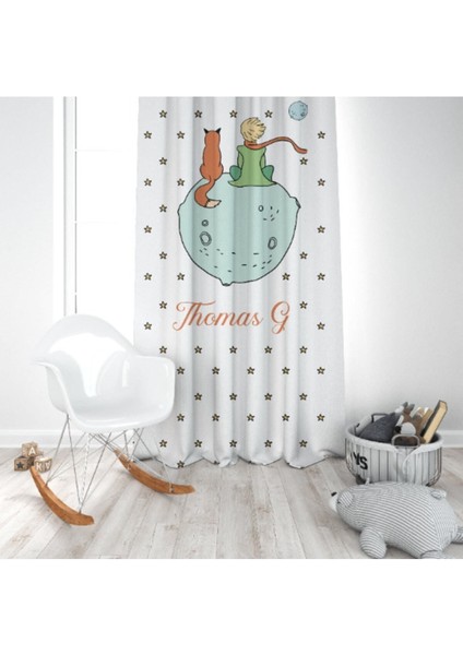 Küçük Prens ve Yıldızlar, Beyaz, Sarı, Ithal Kumaş, Çocuk ve Bebek Odası Fon Perde - 1 Kanat modelleri