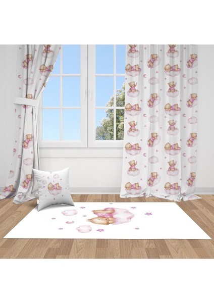 Uyuyan Ayı, Pembe, Beyaz, Ithal Kumaş, Çocuk ve Bebek Odası Fon Perde - 1 Kanat