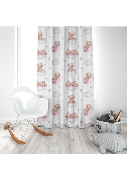 Uyuyan Ayı, Pembe, Beyaz, Ithal Kumaş, Çocuk ve Bebek Odası Fon Perde - 1 Kanat modelleri