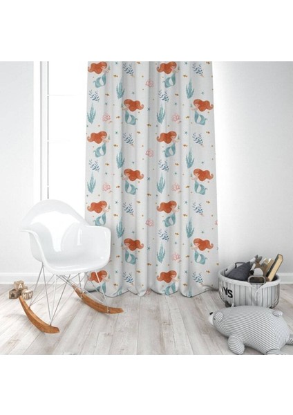 Sulu Boya Efektli, Deniz Kızı, Beyaz, Mavi, Ithal Kumaş, Çocuk ve Bebek Odası Fon Perde - 1 Kanat modelleri