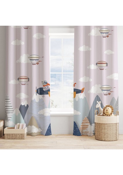 Pembe Pilot Ayıcık, Gri, Beyaz, Ithal Kumaş, Çocuk Odası, Bebek Odası Fon Perde - 1 Kanat