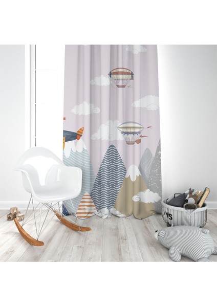 Pembe Pilot Ayıcık, Gri, Beyaz, Ithal Kumaş, Çocuk Odası, Bebek Odası Fon Perde - 1 Kanat modelleri