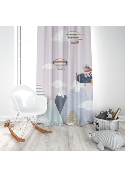 Pembe Pilot Ayıcık, Gri, Beyaz, Ithal Kumaş, Çocuk Odası, Bebek Odası Fon Perde - 1 Kanat fırsatları