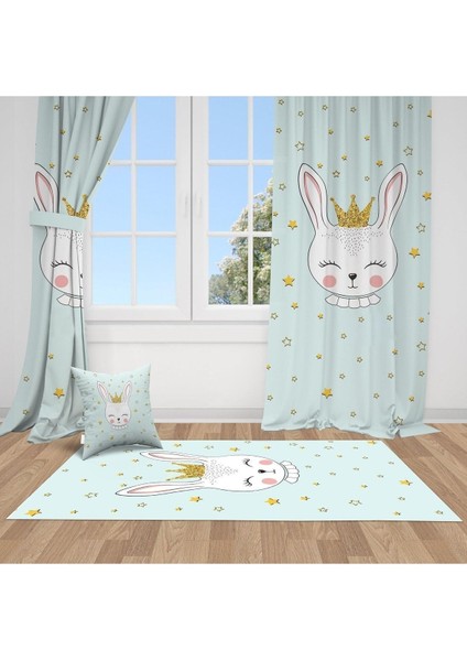 Prenses Tavşan, Gold, Yeşil, Ithal Kumaş, Çocuk ve Bebek Odası Fon Perde - 1 Kanat