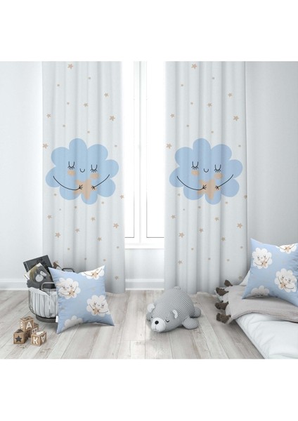 Yıldız, Gülen Bulutlar, Mavi, Beyaz, Ithal Kumaş, Çocuk ve Bebek Odası Fon Perde - 1 Kanat