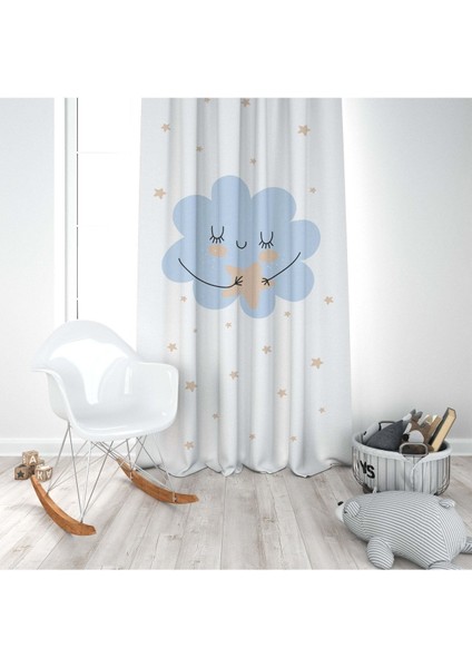 Yıldız, Gülen Bulutlar, Mavi, Beyaz, Ithal Kumaş, Çocuk ve Bebek Odası Fon Perde - 1 Kanat modelleri