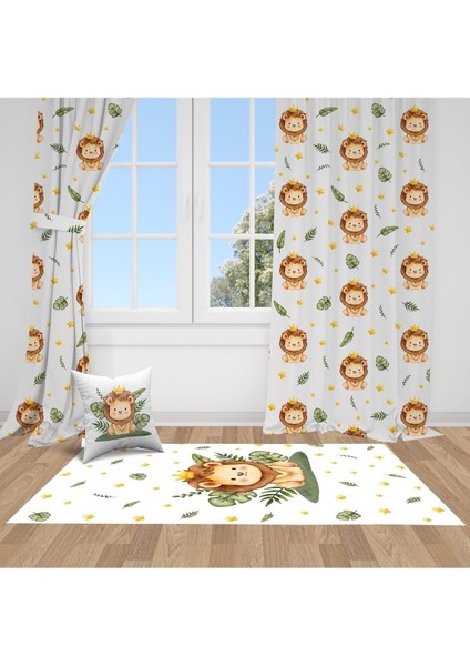 Aslan Kral, Beyaz, Kahverengi, Ithal Kumaş, Çocuk ve Bebek Odası Fon Perde - 1 Kanat