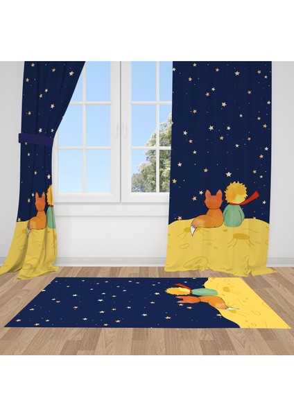 Küçük Prens, Koyu Zemin Ithal Kumaş, Lacivert, Sarı, Çocuk Odası, Genç Odası Fon Perde - 1 Kanat