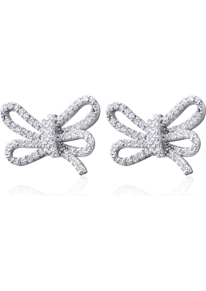 Ribbon Kurdela Çivi Küpe-18 Ayar Rodyum Kaplama (925 Ayar Gümüş Üzerine)