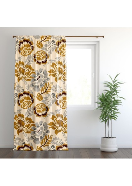 3D Turuncu Büyük Çiçek, Sarı, Gri, Oturma Odası, Salon, Fon Perde - 1 Kanat