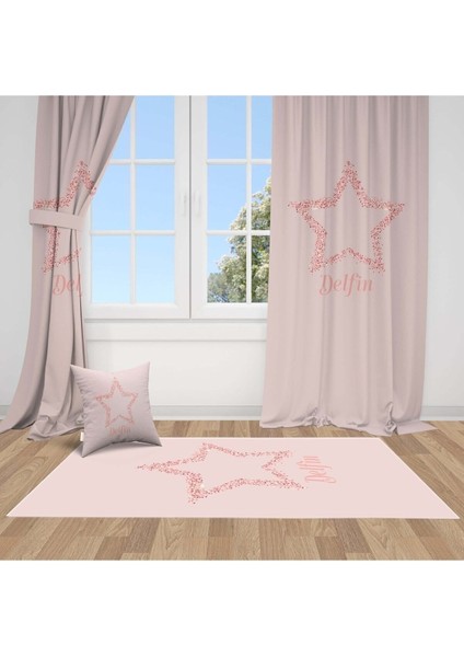 Parlayan Altın Yıldız, Pembe, Ithal Kumaş, Çocuk ve Bebek Odası Fon Perde - 1 Kanat