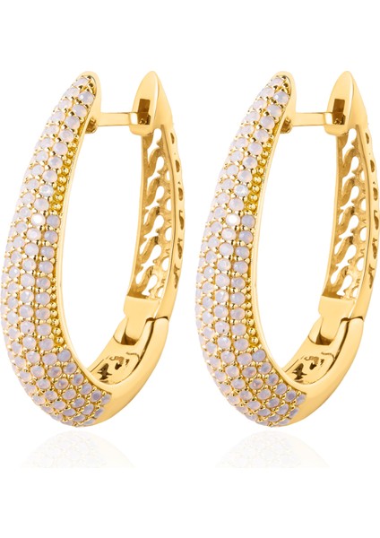 Sunshine Halka Küpe, 1 Mikron 18 Ayar Altın (Gold) Kaplama - Beyaz Opal Taş - Golden