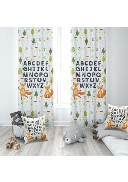Alfabe, Orman, Tilki, Beyaz, Yeşil, Ithal Kumaş, Çocuk ve Bebek Odası Fon Perde - 1 Kanat