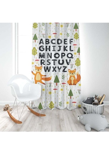 Alfabe, Orman, Tilki, Beyaz, Yeşil, Ithal Kumaş, Çocuk ve Bebek Odası Fon Perde - 1 Kanat modelleri