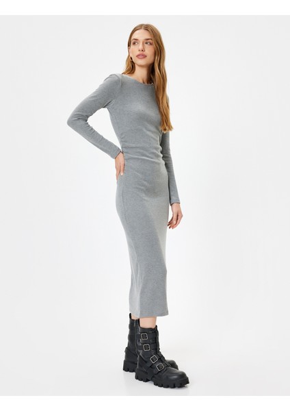 Midi Boy Kalem Elbise Fitilli Uzun Kollu Bisiklet Yaka Slim Fit