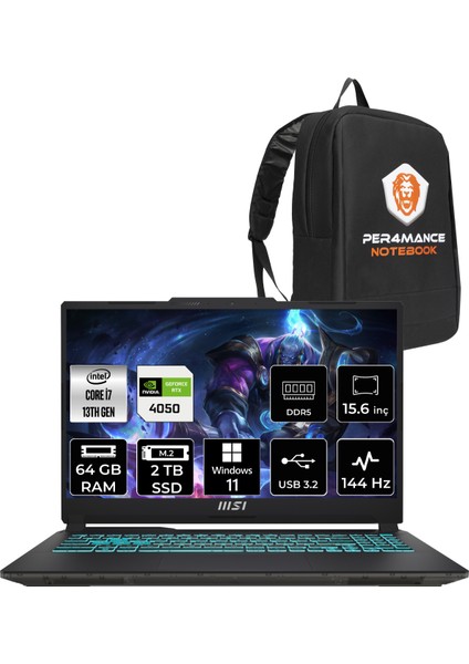 Msı Cyborg 15 Intel Core I7-13620H 64GB 2tb SSD RTX4050/6GB 15.6" Fhd 144Hz W11P Taşınabilir Bilgisayar A13VE-897XTR & Per4 Çanta A13VE897XTRP414