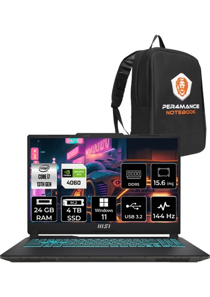 Msı Cyborg 15 Intel Core I7-13620H 24GB 4tb SSD RTX4060/8GB 15.6" Fhd 144Hz W11H Taşınabilir Bilgisayar A13VF-893XTR & Per4 Çanta A13VF893XTRP355