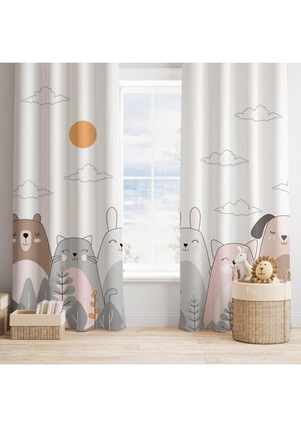 Tavşan Arkadaşları, Beyaz, Gri, Ithal Kumaş, Çocuk ve Bebek Odası Fon Perde - 1 Kanat