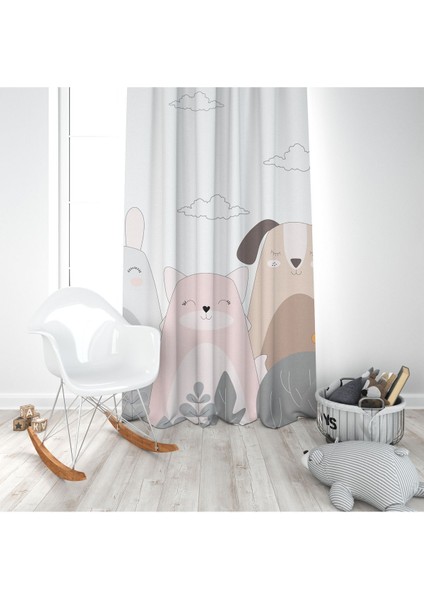 Tavşan Arkadaşları, Beyaz, Gri, Ithal Kumaş, Çocuk ve Bebek Odası Fon Perde - 1 Kanat modelleri