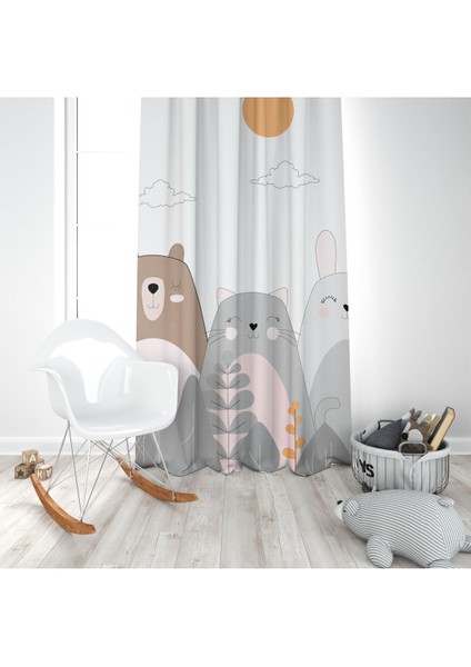 Tavşan Arkadaşları, Beyaz, Gri, Ithal Kumaş, Çocuk ve Bebek Odası Fon Perde - 1 Kanat fırsatları