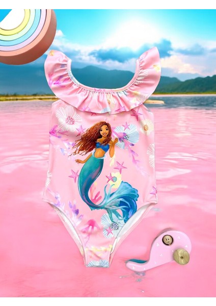Kız Çocuk Deniz Kızı Desen Fırfır Yaka Pudra Pembe Renk Detaylı Mayo Yeni Sezon
