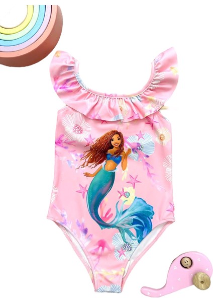 Kız Çocuk Deniz Kızı Desen Fırfır Yaka Pudra Pembe Renk Detaylı Mayo Yeni Sezon fiyatları