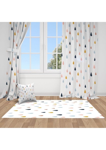 Renkli Damlalar, Beyaz, Mavi, Sarı, Ithal Kumaş, Çocuk ve Bebek Odası Fon Perde - 1 Kanat