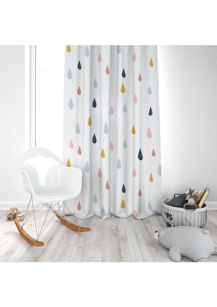 Renkli Damlalar, Beyaz, Mavi, Sarı, Ithal Kumaş, Çocuk ve Bebek Odası Fon Perde - 1 Kanat modelleri