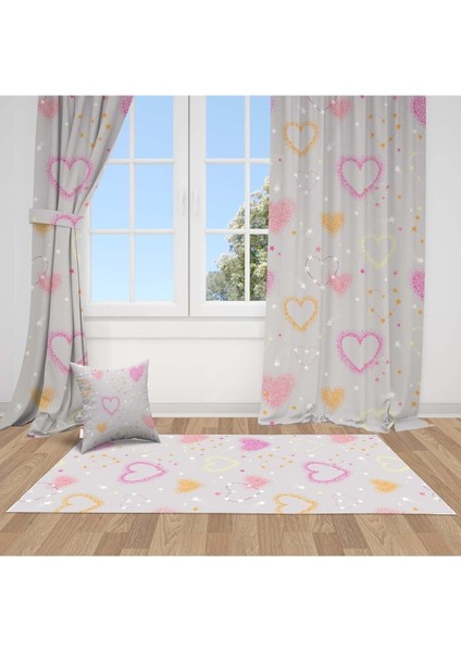 Gri Romantik Pembe ve Sarı Kalpler, Ithal Kumaş, Çocuk ve Bebek Odası Fon Perde - 1 Kanat