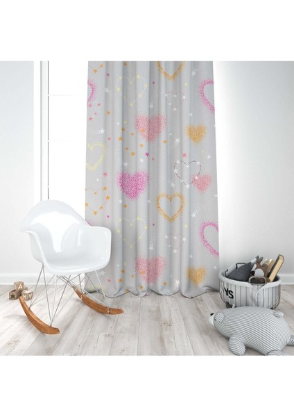 Gri Romantik Pembe ve Sarı Kalpler, Ithal Kumaş, Çocuk ve Bebek Odası Fon Perde - 1 Kanat modelleri