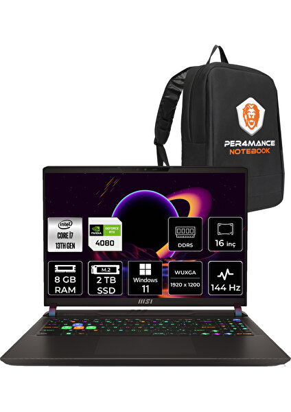 Msı Vector 16 Intel Core I7 13700HX 8gb 2tb SSD RTX4080/12GB 16" Fhd+ 144Hz W11H Taşınabilir Bilgisayar A13VHG-495TR & Per4 Çanta A13VHG495TRP344