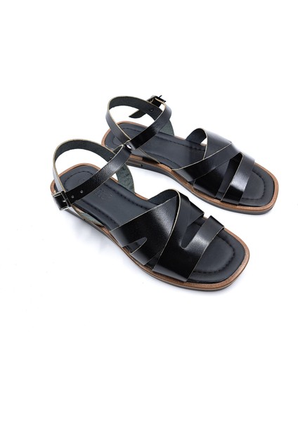 CAP917A Hakiki Vaketa Deri Bodrum Tarzı Siyah Kadın Sandalet