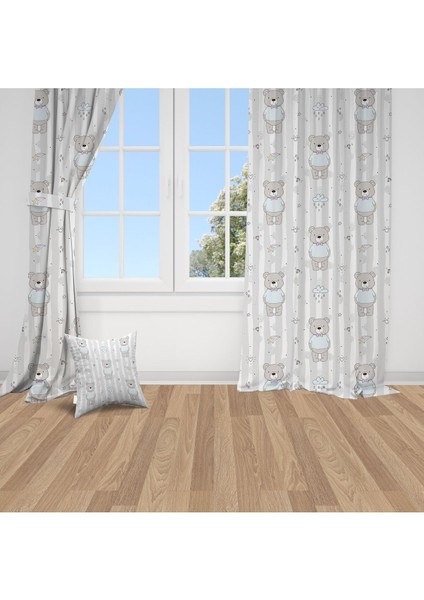 Sevimli Ayıcıklar, Gri, Mavi, Ithal Kumaş, Çocuk Odası, Genç Odası Fon Perde - 1 Kanat
