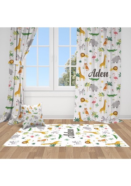 Orman Hayvanları, Beyaz, Sarı, Ithal Kumaş, Çocuk ve Bebek Odası Fon Perde - 1 Kanat