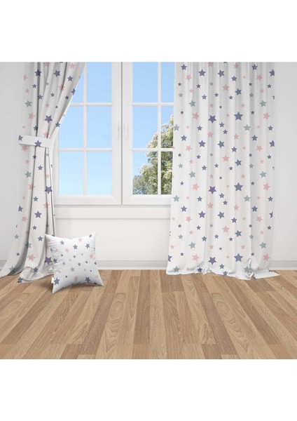 Mor, Pembe Yıldızlar, Beyaz, Ithal Kumaş, Çocuk ve Bebek Odası Fon Perde - 1 Kanat