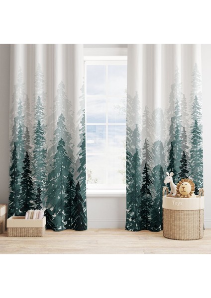 Çam Ağaçları, Beyaz, Yeşil, Ithal Kumaş Çocuk ve Bebek Odası Fon Perde 1 Kanat