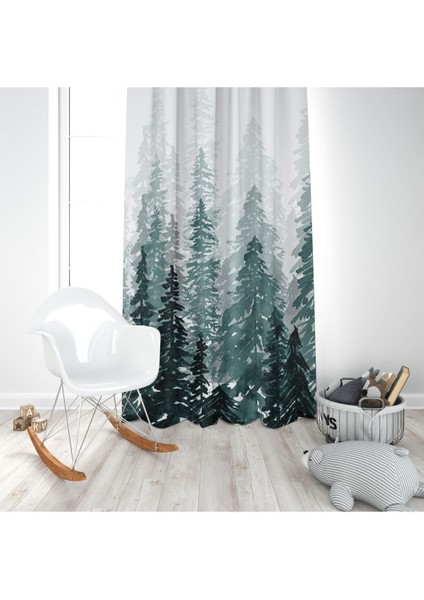 Çam Ağaçları, Beyaz, Yeşil, Ithal Kumaş Çocuk ve Bebek Odası Fon Perde 1 Kanat modelleri