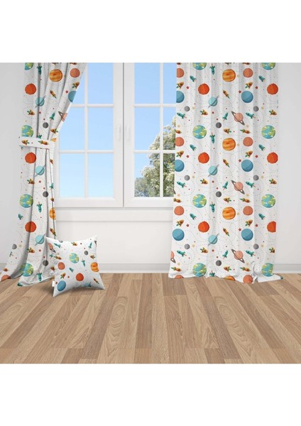 Renkli Gezegenler, Beyaz, Kırmızı, Ithal Kumaş, Çocuk ve Bebek Odası Fon Perde - 1 Kanat