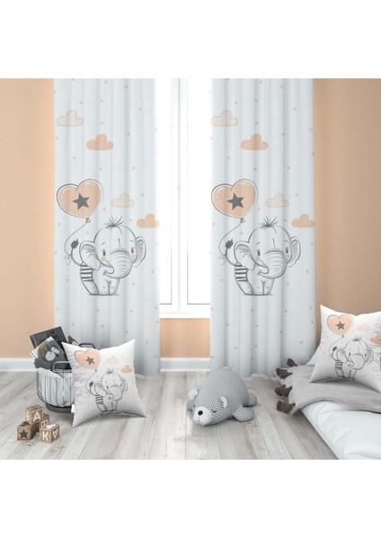 Fil ve Balon, Beyaz, Ithal Kumaş, Çocuk ve Bebek Odası Fon Perde - 1 Kanat