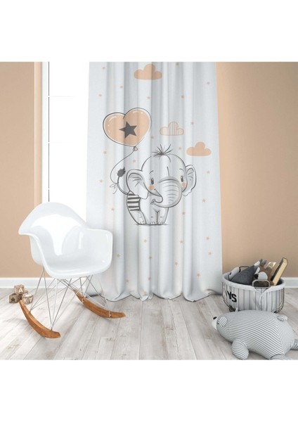 Fil ve Balon, Beyaz, Ithal Kumaş, Çocuk ve Bebek Odası Fon Perde - 1 Kanat modelleri