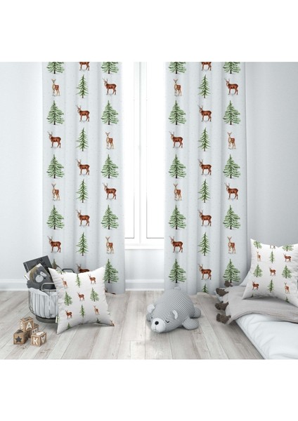 Geyik ve Ağaç, Beyaz, Yeşil, Ithal Kumaş, Çocuk ve Bebek Odası Fon Perde - 1 Kanat