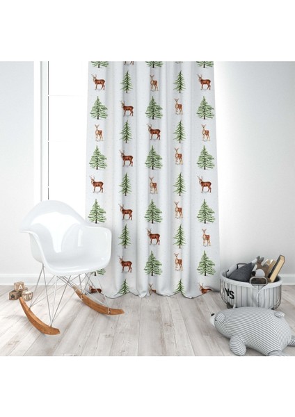 Geyik ve Ağaç, Beyaz, Yeşil, Ithal Kumaş, Çocuk ve Bebek Odası Fon Perde - 1 Kanat modelleri