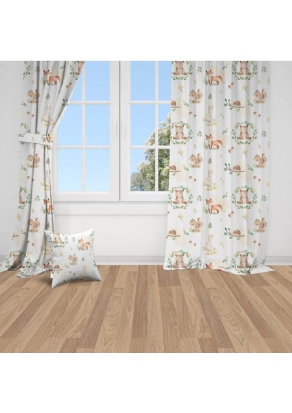Çiçek Taçları ve Orman Hayvanları, Beyaz, Ithal Kumaş, Çocuk ve Bebek Odası Fon Perde - 1 Kanat