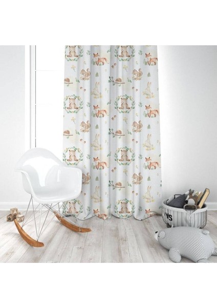 Çiçek Taçları ve Orman Hayvanları, Beyaz, Ithal Kumaş, Çocuk ve Bebek Odası Fon Perde - 1 Kanat modelleri