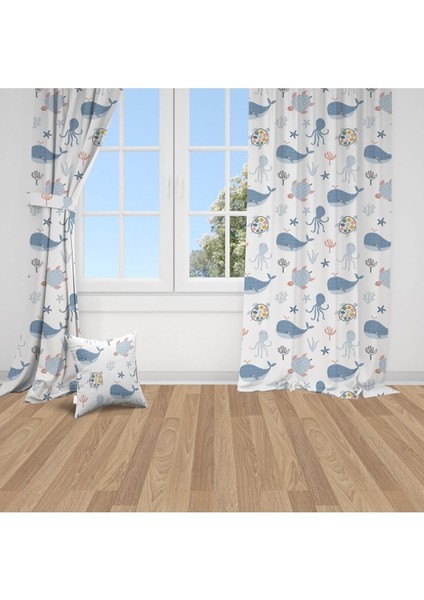 Balina, Beyaz, Mavi, Ithal Kumaş, Çocuk ve Bebek Odası Fon Perde - 1 Kanat