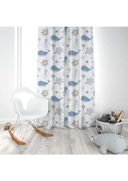 Balina, Beyaz, Mavi, Ithal Kumaş, Çocuk ve Bebek Odası Fon Perde - 1 Kanat modelleri
