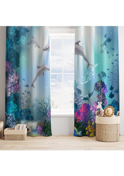 Balina ve Okyanus 3d, Mavi, Mor, Gri, Ithal Kumaş, Çocuk Odası, Bebek Odası Fon Perde - 1 Kanat