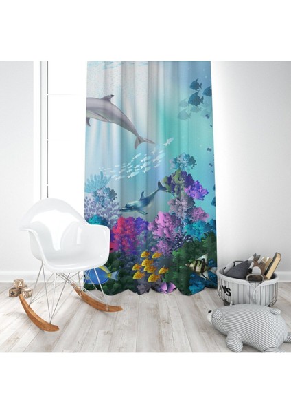 Balina ve Okyanus 3d, Mavi, Mor, Gri, Ithal Kumaş, Çocuk Odası, Bebek Odası Fon Perde - 1 Kanat fırsatları