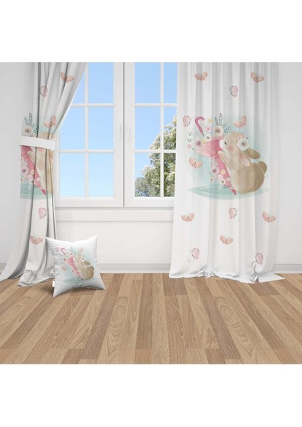 Tavşan ve Şemsiyesi, Beyaz, Pembe, Ithal Kumaş, Çocuk ve Bebek Odası Fon Perde - 1 Kanat